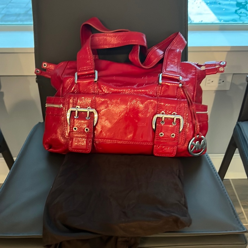 Michael Kors red Patent leather handbag with silver accents